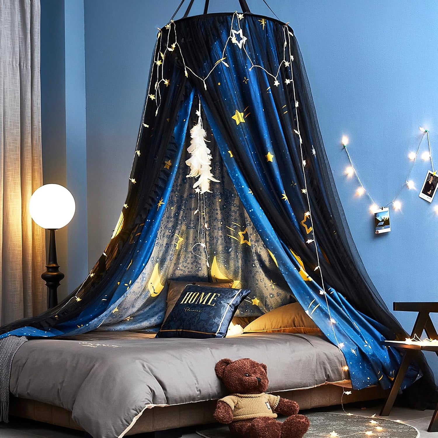 Gorgeous Star Printed Bed Canopy for Girls & Adults, Room Decorative Cozy Bed Curtain Canopy Drapes, Round Dome Luxurious Lace Princess Canopies Mosquito Netting (Star)