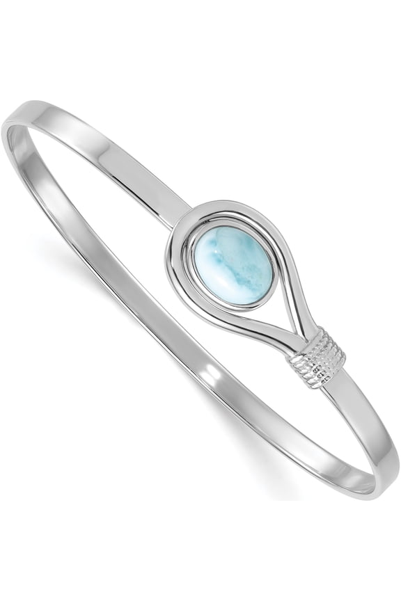 Sterling Silver Rhodium-plated Polished and Textured Larimar Cabochon Flexible Bangle