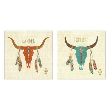 Gorgeous Teal and Orange Cow Skull and Feathers 'Wander" and "Explore" Set by Veronique Charron; Two 12x12in Poster Prints