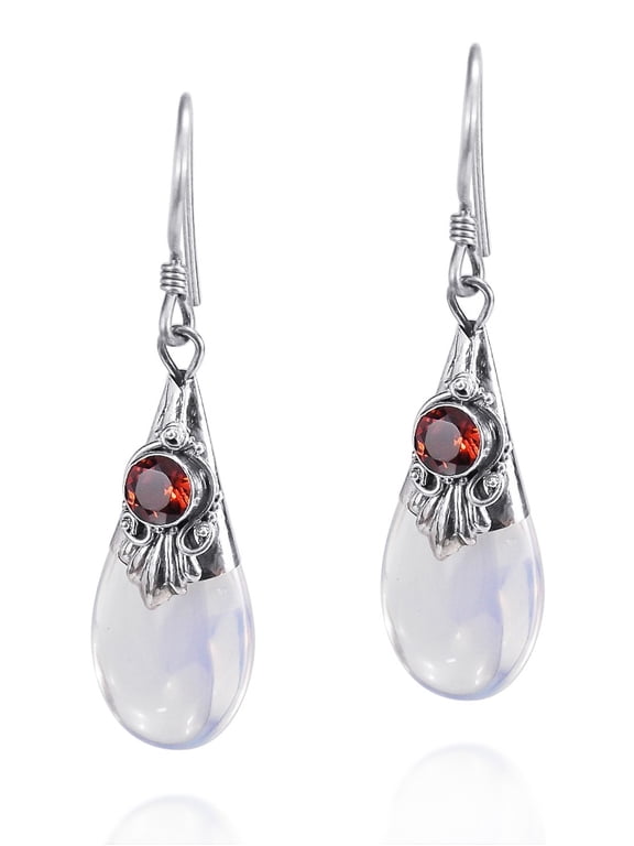 Gorgeous Teardrop Simulated Moonstone-Simulated Red Garnet .925 Sterling Silver Fish Hook Earrings