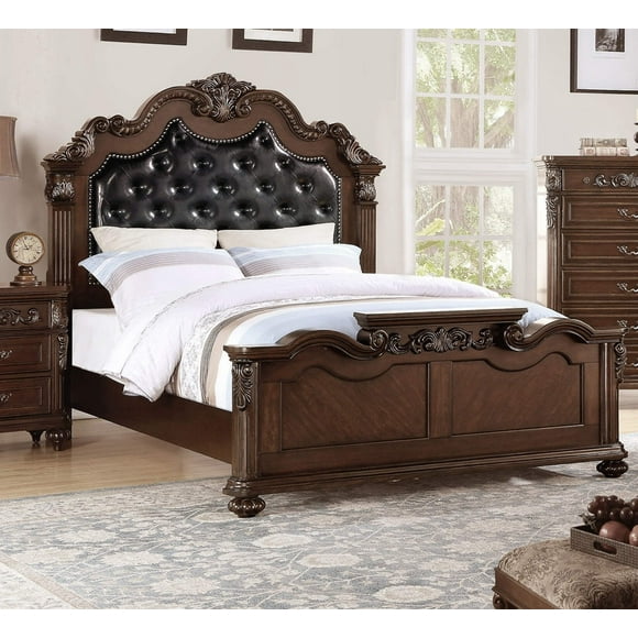 Gorgeous Traditional Antique Cherry 1Pc Eastern King Size Bed Tufted Faux Leather Headboard Wooden Bedframe Box Spring Required King Cherry,Walnut Wood Bedroom Classic,Luxury,Traditional Pine Bed