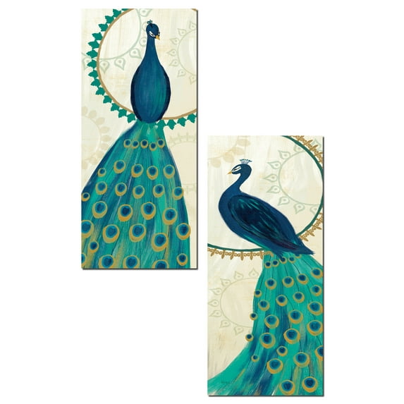 Gorgeous Turquoise and Blue Peacock Feather Panel Set by Veronique Charron; Two 8x18in Unframed Paper Posters