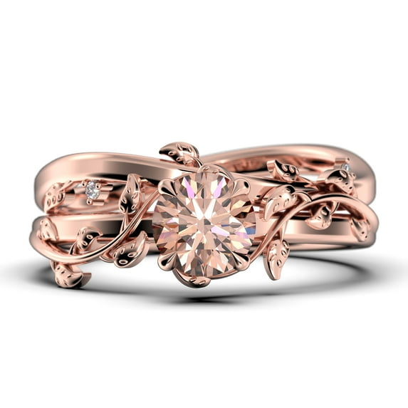 Gorgeous Vine Leaf Ring, Boho & Hippie 1.00 Carat Round Cut Morganite And Diamond Moissanite Engagement Ring, Bridal Ring, Twig Ring, Wedding Ring In 925 Sterling Silver With 18K Rose Gold Plating
