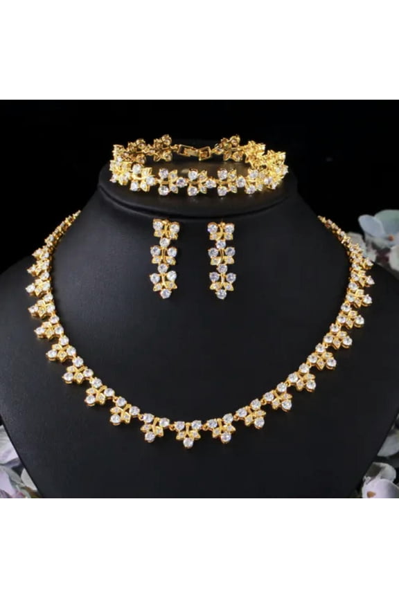 Gorgeous White African CZ Leaf Tennis Indian Gold Jewelry Set for Women Pageant