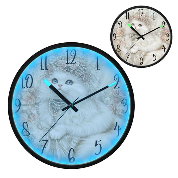 Gorgeous White Cat Luminous Wall Clock with Sound-Activated LED 12-Inch Silent Acrylic Timepiece for Bedroom Livingroom or Office
