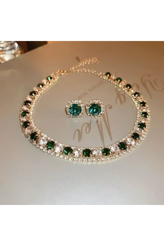 Gorgeous Women Fashion Jewelry 3pc Green Crystal Necklace and Earrings Jewelry Set