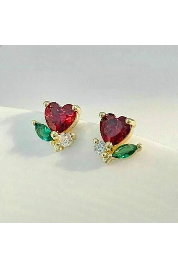 Gorgeous Women's Heart Cut Red Ruby Stud Earring 14K Yellow Gold Plated Silver