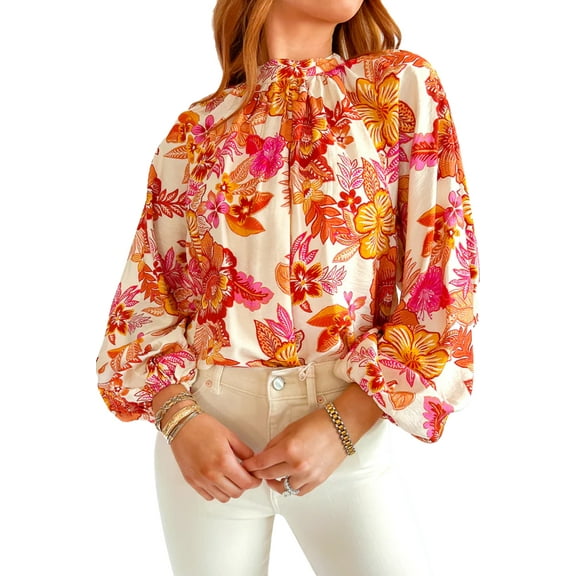 Gorgeous Women's Orange Floral Print Blouse with Pearl Button Keyhole and Long Puff Sleeves | [ZhiHiMeRi] | (US 12-14)L