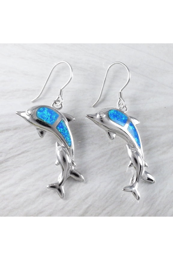 Blue Opal Dolphin Sterling Silver Earrings