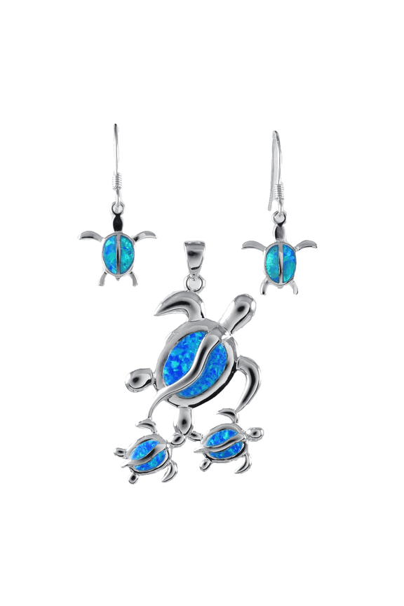 Gorgeous X-Large Mom & 2 Small Turtle Earring and Necklace, Sterling Silver Hawaiian Blue Opal Sea Turtle Family Pendant, N6169SH Mother Gift
