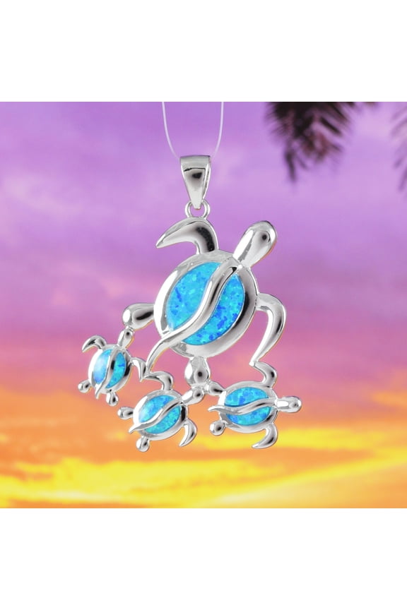 Sterling Silver Hawaiian Blue Opal Family Turtle Necklace