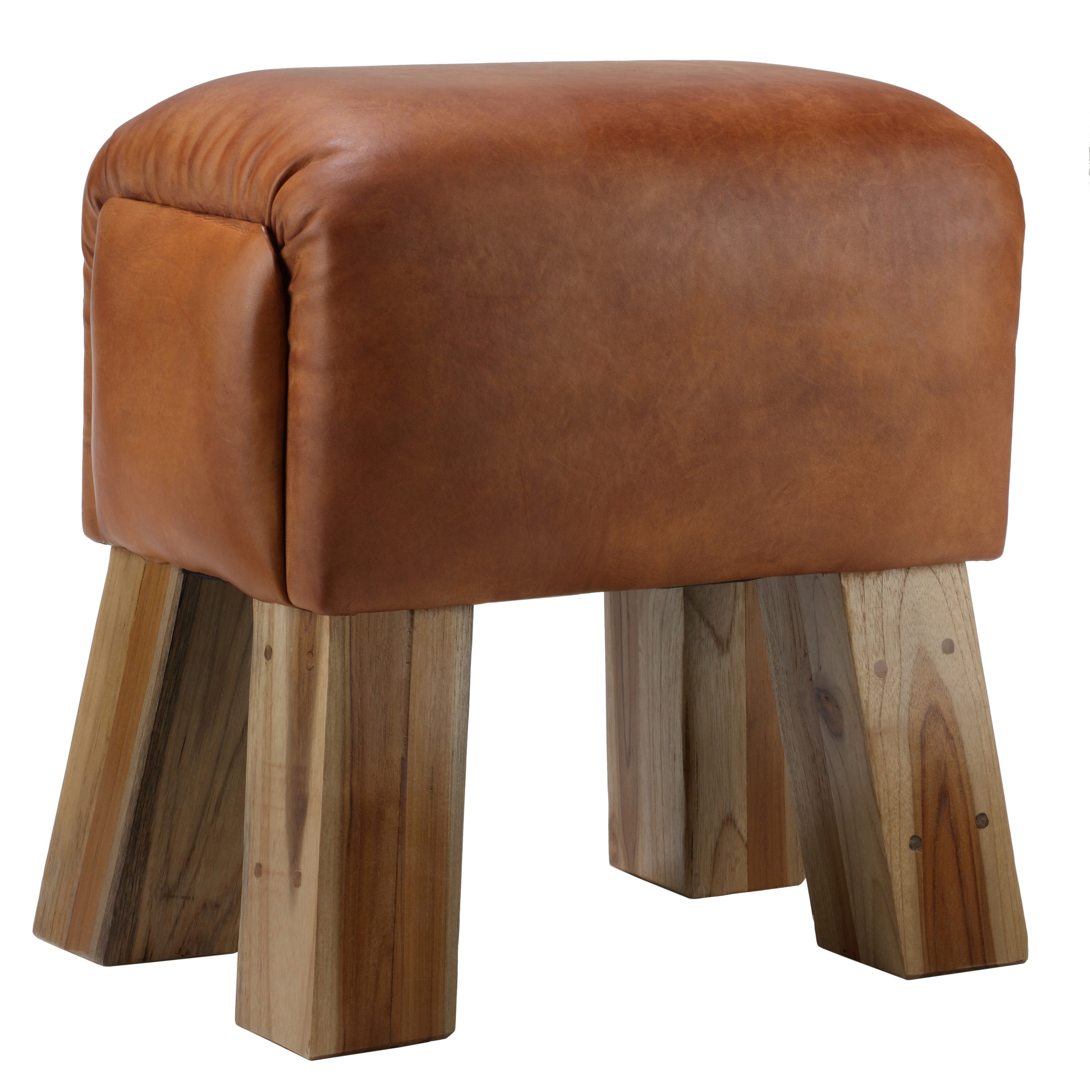 Rustic Teak & Genuine Leather Brown Footstool
