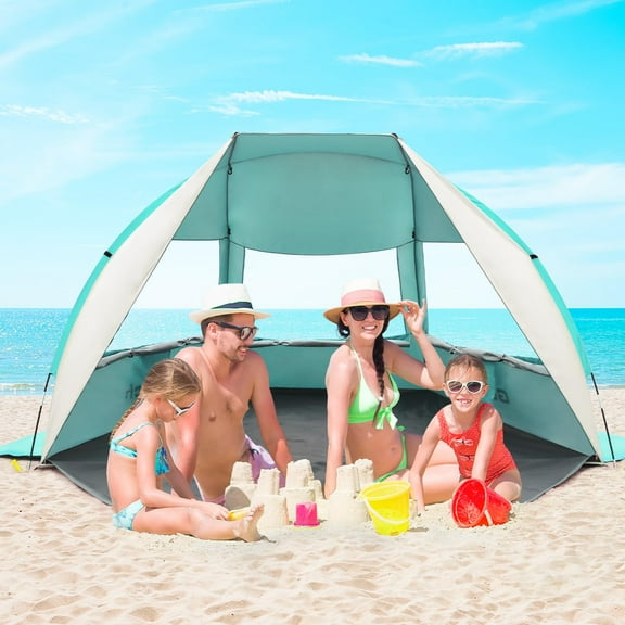 Gorich UPF 50+ Beach Tent, Windproof Sun Shelter for 3-6 People, Easy Setup & Foldable with 5 Sandbags, Spacious Portable Sunshade