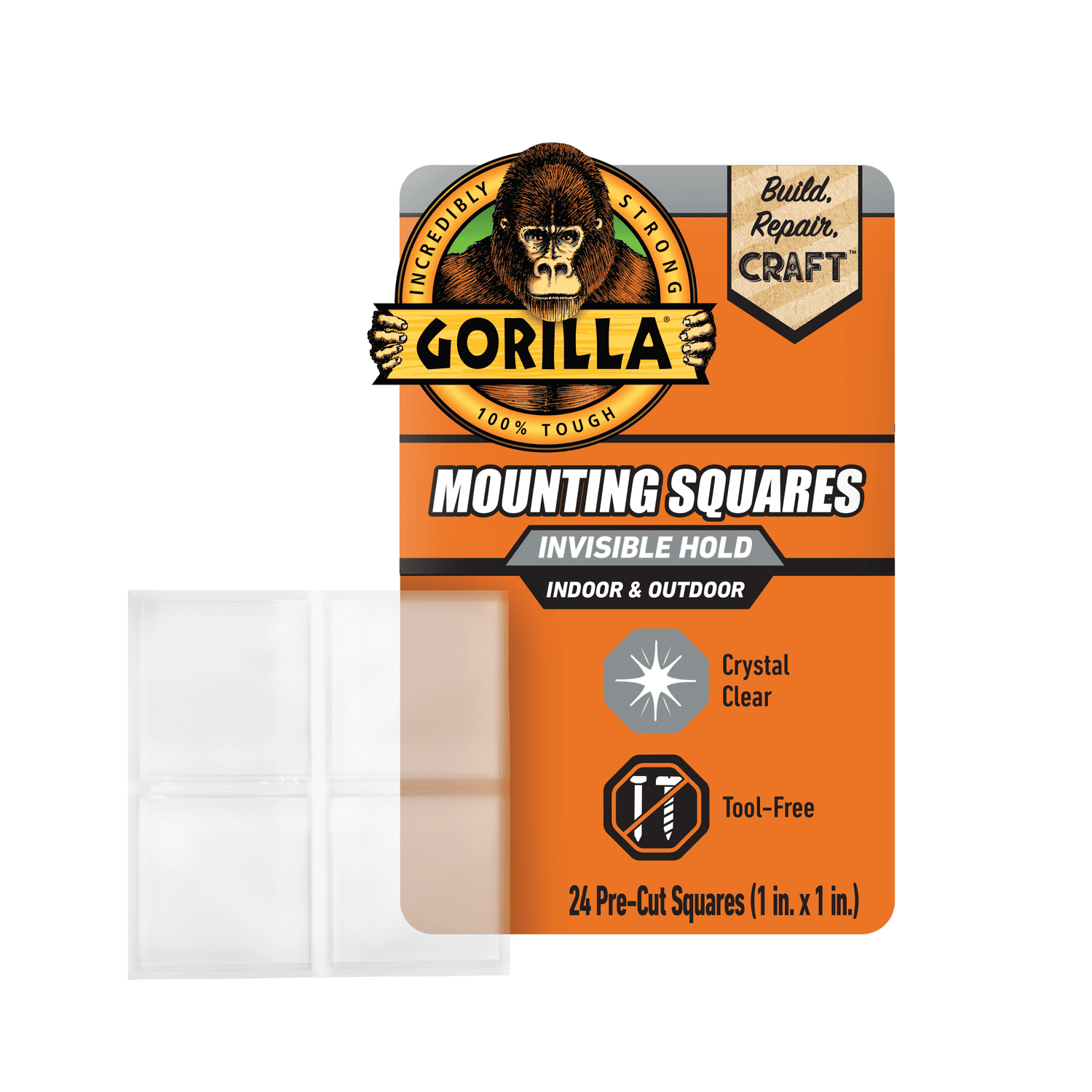 Gorilla 1" Double-Sided Mounting Tape Squares, 24 Pre-Cut Pieces, Clear, Model 6068701, New