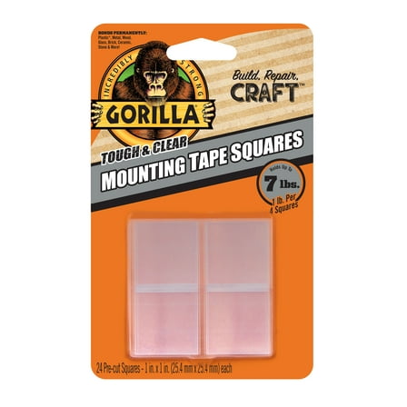 Gorilla 1" Double-Sided Mounting Tape Squares, 24 Pre-Cut Pieces, Clear, Model 6068701, New