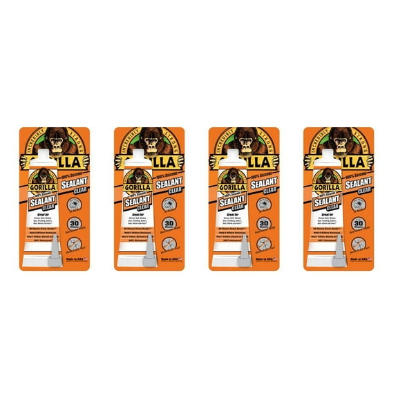 Gorilla 100 Percent Silicone Sealant Caulk, 2.8 ounce Squeeze Tube, Clear, 4 Pack