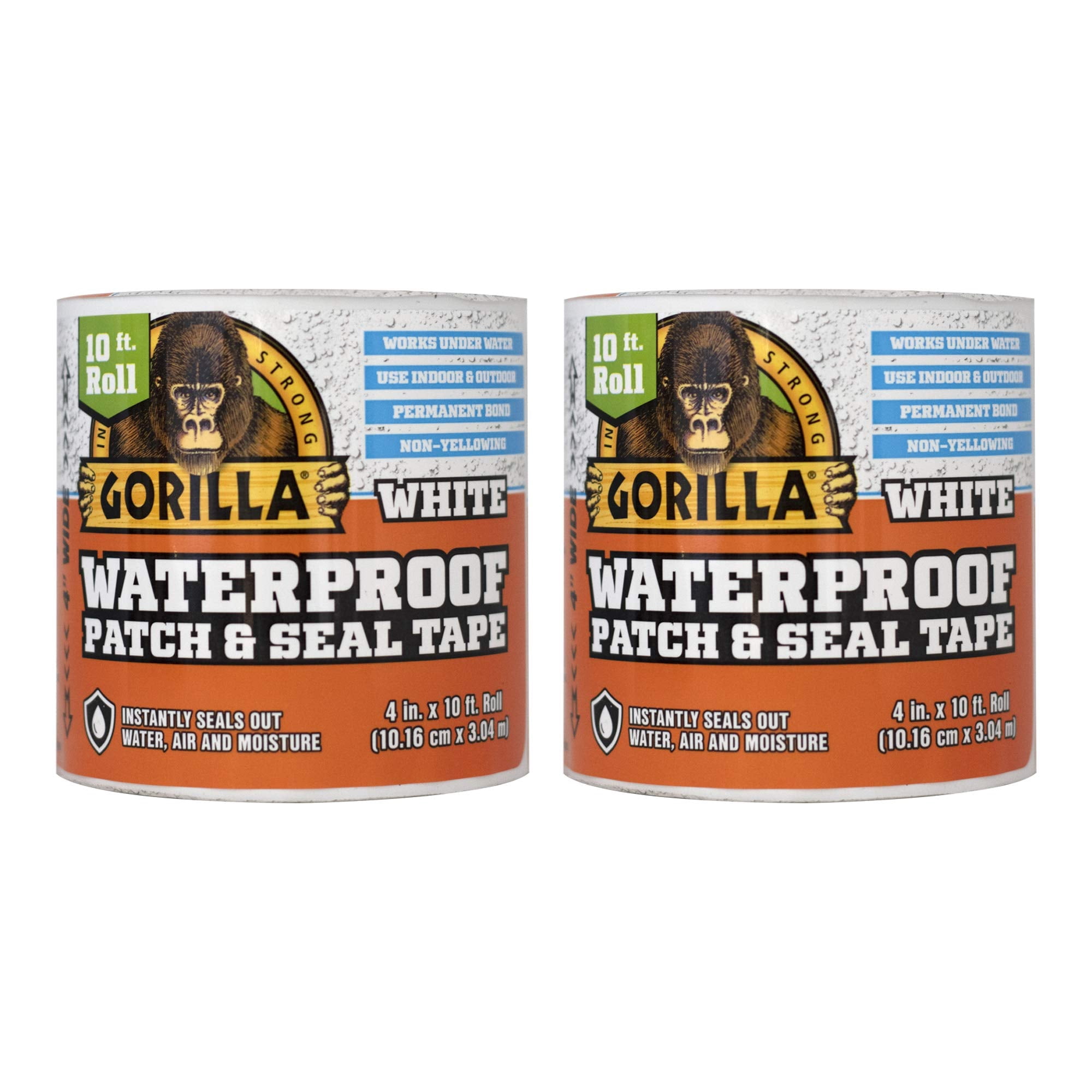 Gorilla Waterproof Patch & Seal Tape, White Tape, 4" x 10' (Pack of 2) - Permanent Weather Resistant Seal for Leaks and Repairs