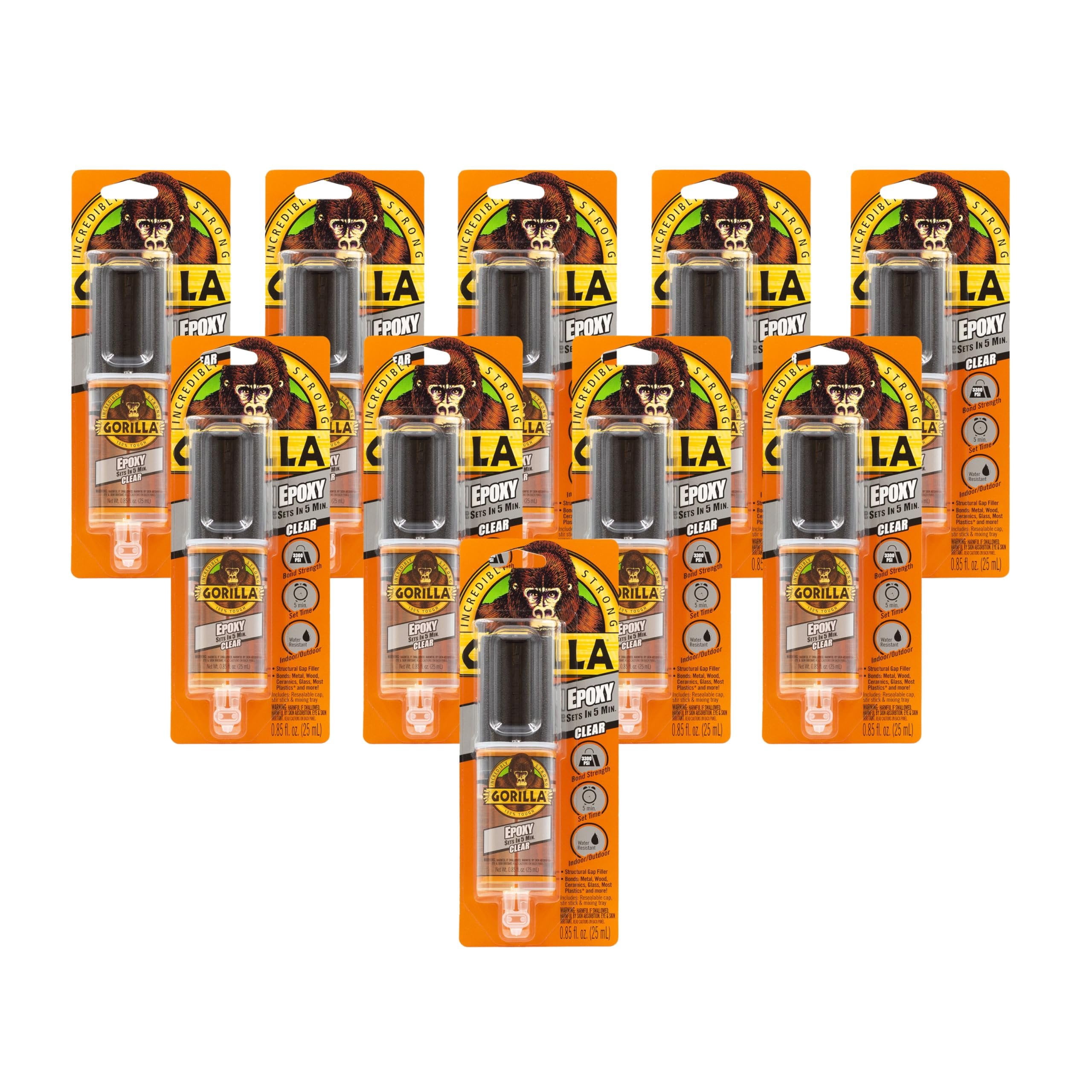 Gorilla 2 Part Epoxy Wood Glue Syringe, 5 Minute Set - Clear - Pack of 10, 0.85 Ounce