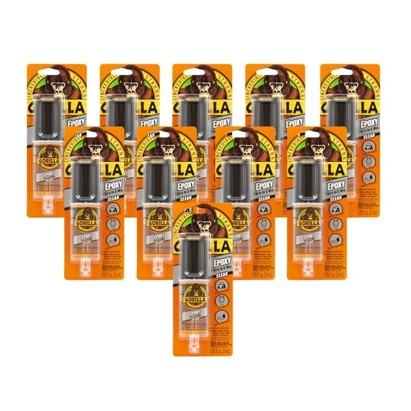 Gorilla 2 Part Epoxy Wood Glue Syringe, 5 Minute Set - Clear - Pack of 10, 0.85 Ounce