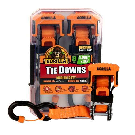 Gorilla 2 Pk 1.25" X 16' Sliding Ratchet Strap W/ Orange Gorilla Grip Handle W/ Cap Locks (Orange Webbing)