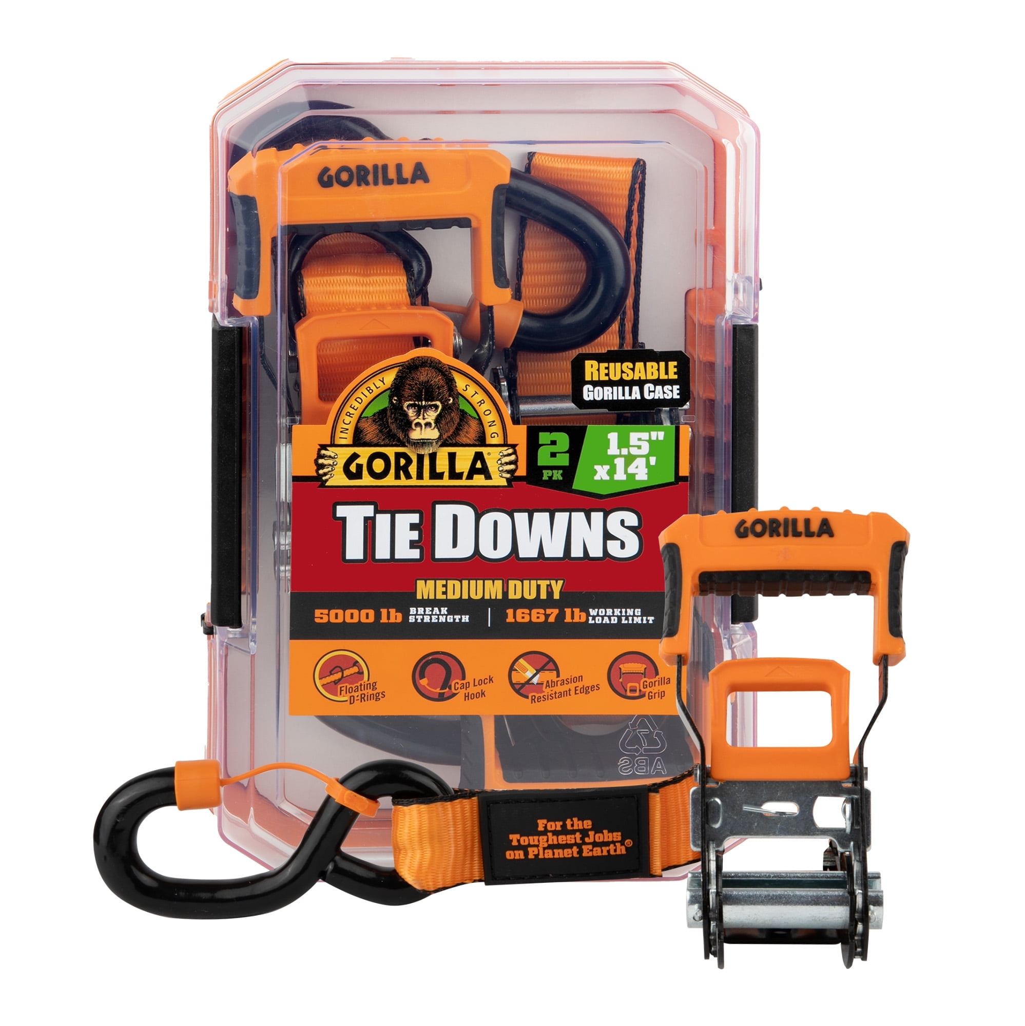 Gorilla 2 Pk 1.5" X 14' Ratchet Strap W/ Orange Gorilla Grip Handle W/ Cap Locks W/ Floating "D" Rings (Orange Webbing)