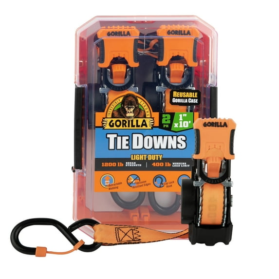 Gorilla 2 Pk 1" X 10' Retractable Ratchet Strap W/ Orange Gorilla Grip Handle W/ Cap Locks (Orange Webbing)