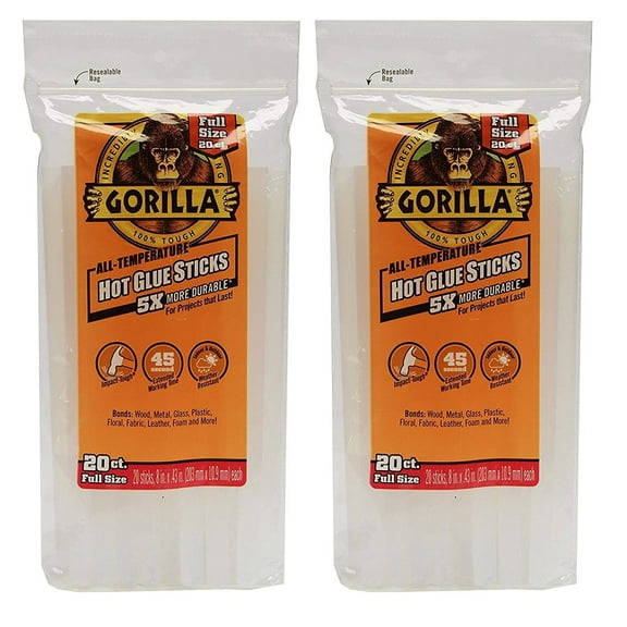 Gorilla 3032016 Hot Glue Sticks 8" Full Size 20 Count, Clear 2 PACK