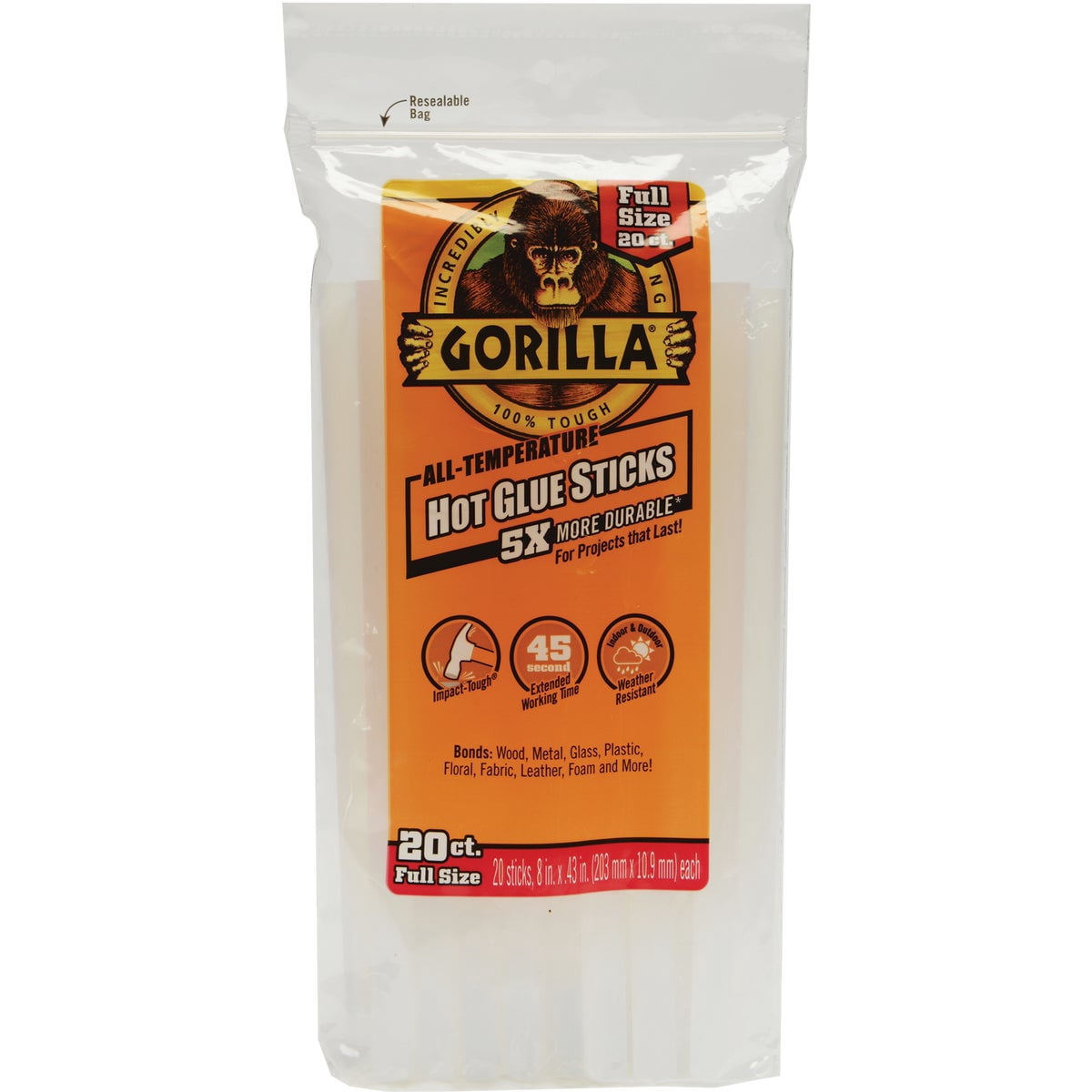2-pack Gorilla Hot Glue Sticks 8" Full Size Multi-Temperature - Clear - 20 Count, 2 Pack — Residential Use, Standard Application