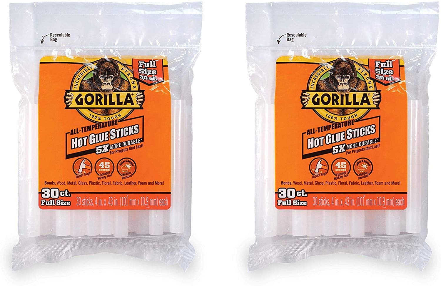 Gorilla 3033002-2 Hot Glue Sticks, 4 in. Full Size, 30 Count, Pack of 2,  2-Pack, 2 Piece