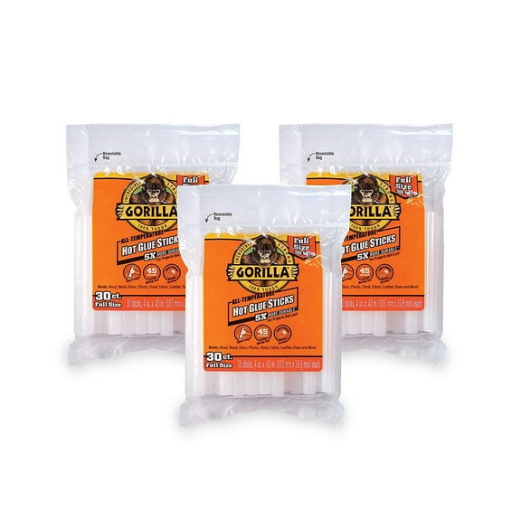 Gorilla 3033002-3 Hot Glue Sticks, 4 in. Full Size, 30 Count, Pack of 3, 3-Pack, 3 Piece