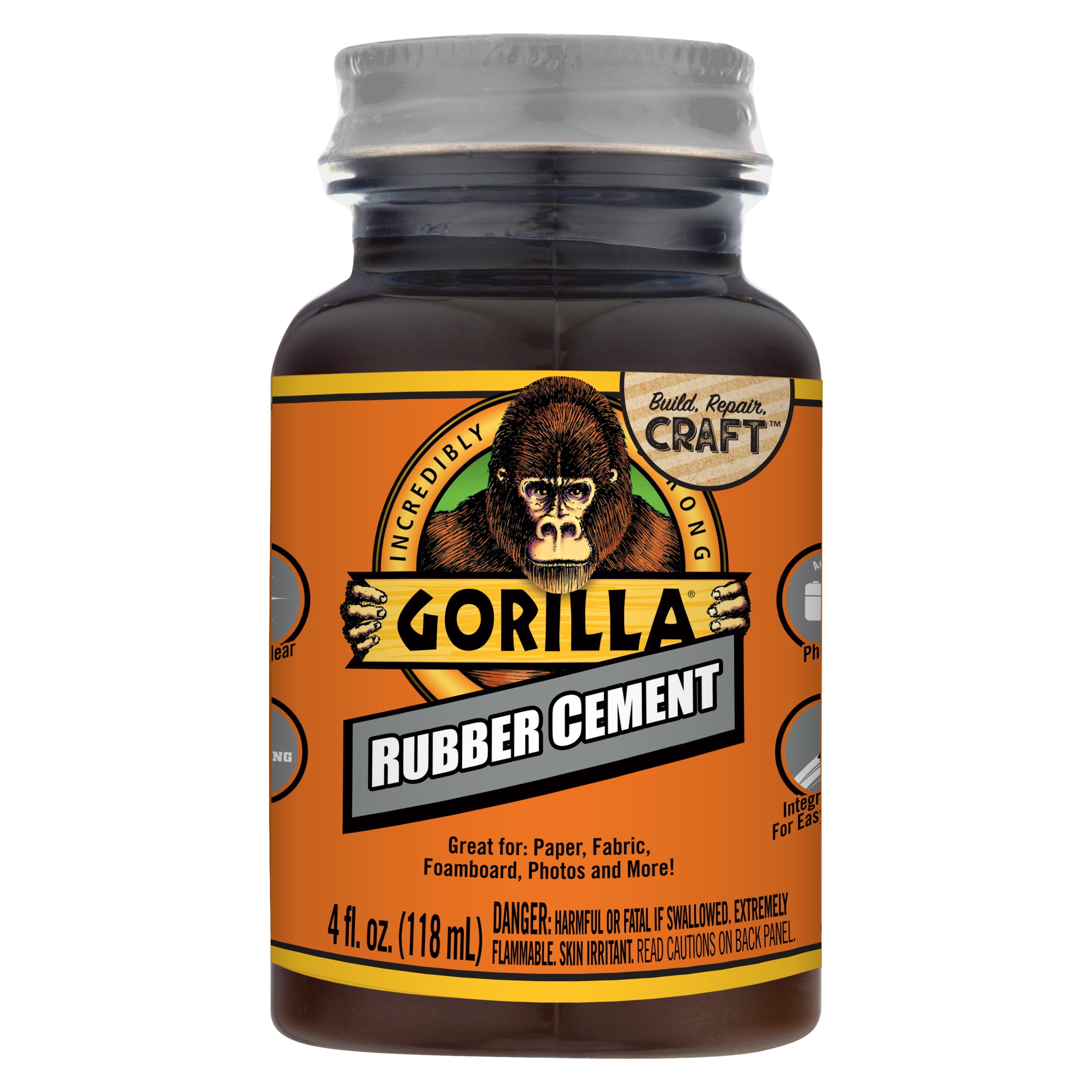 Gorilla 4 Ounce Crystal Clear Rubber Cement Bottle with Brush