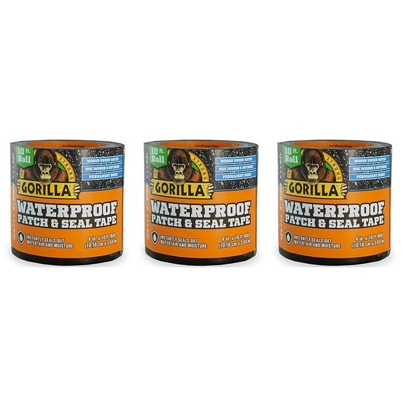 Gorilla 4612502 Waterproof Patch & Seal Tape 4" x 10' Black, Pack 3