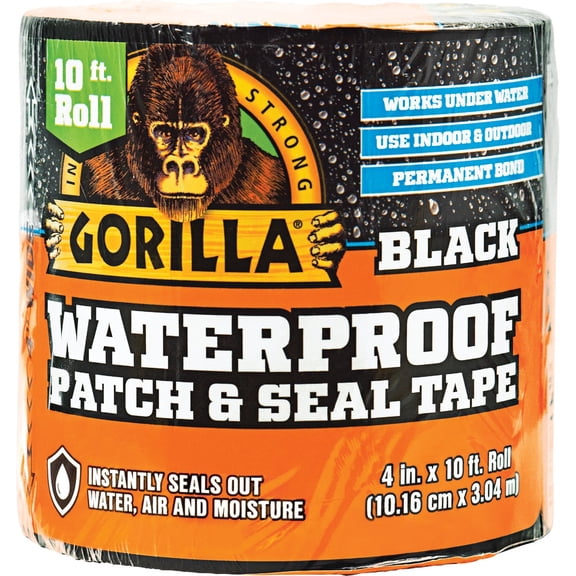 Gorilla 4612502 Waterproof Patch & Seal Tape 4" x 10' Black, Pack 5 — Residential Use, Standard Application