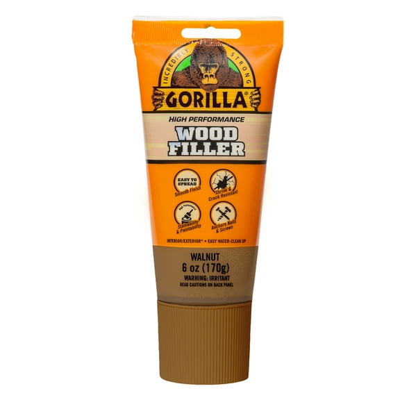 Gorilla All Purpose Wood Filler, Walnut Color, 6 Ounce Tube - Water Resistant for Indoor or Outdoor Projects and Repairs