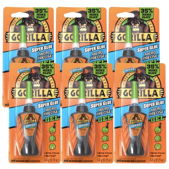 Gorilla 6 pack 5.5g Tubes Micro Precise Super Glue Gel, Cyanoacrylate Glue, 10 to 45 seconds Dry Time, Precise Dispensing Tool, Anti-Clog Cap, Clear
