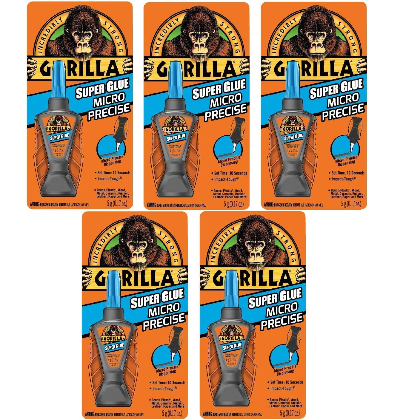 Gorilla 6770002 Micro Precise Super Glue, 5g, Clear - 5 Pack