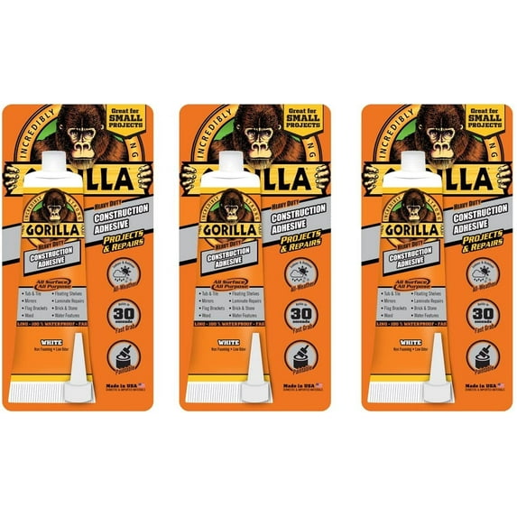 Gorilla Heavy Duty Construction Adhesive, 2.5 ounce Squeeze Tube, White, Pack of 3
