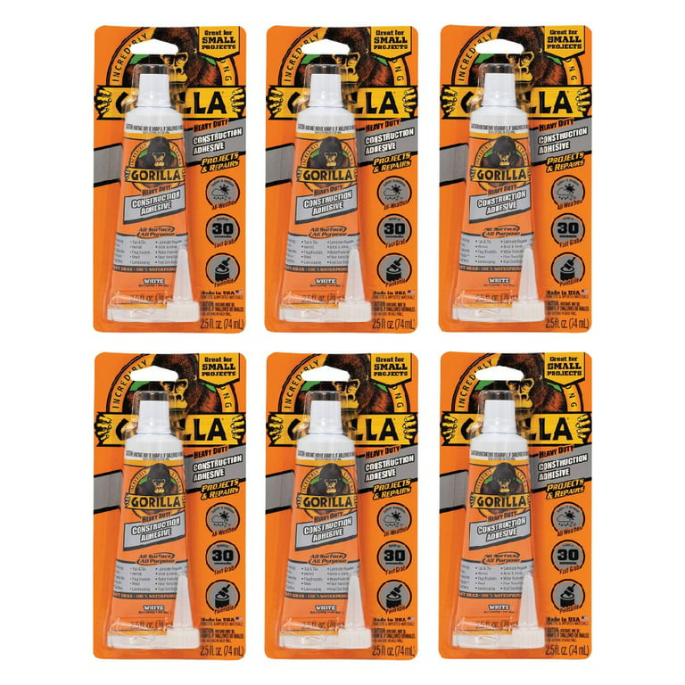 Gorilla 8020002 Heavy Duty Construction Adhesive With Tip 30 Second Hold  Waterproof Gap Filling Paintable All Weather Glue 2.5 Oz Tube White, 6-Pack