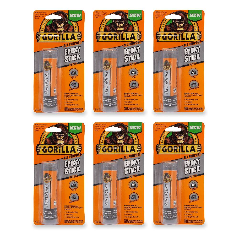 Gorilla All Purpose Epoxy Stick Putty 2 oz Waterproof Permanent Bond, 6-Pack