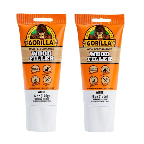 Gorilla All Purpose Wood Filler, 6oz Tube, White Pack of 2