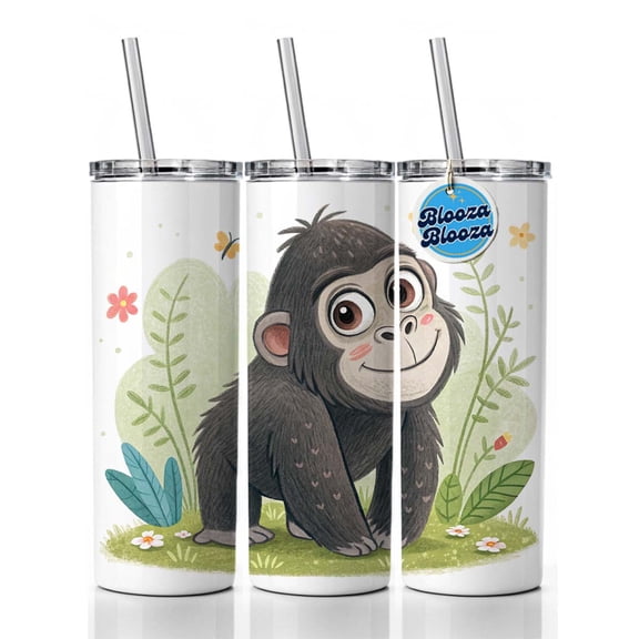 Gorilla Ape Children's Illustration Style 20oz Insulated Water Bottle Skinny Tumbler Includes Straw