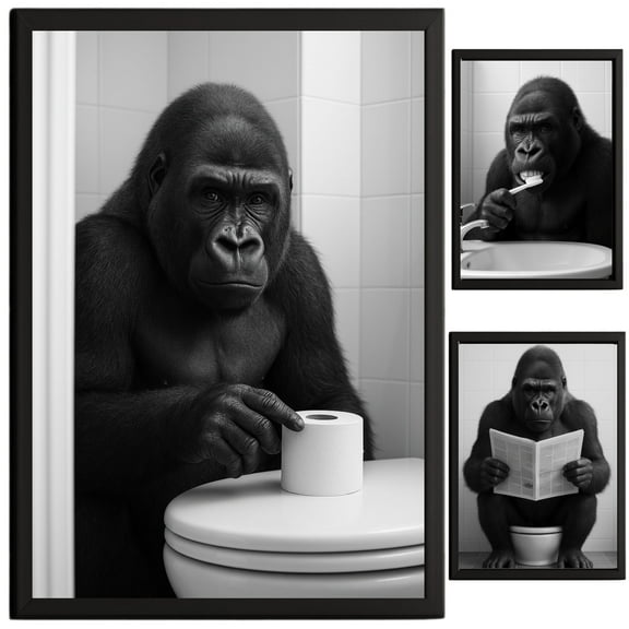 Gorilla Bathroom Decor, Wall Art, Farmhouse Photo Picture Set, 3pk, 8.5x11, TheNameStore