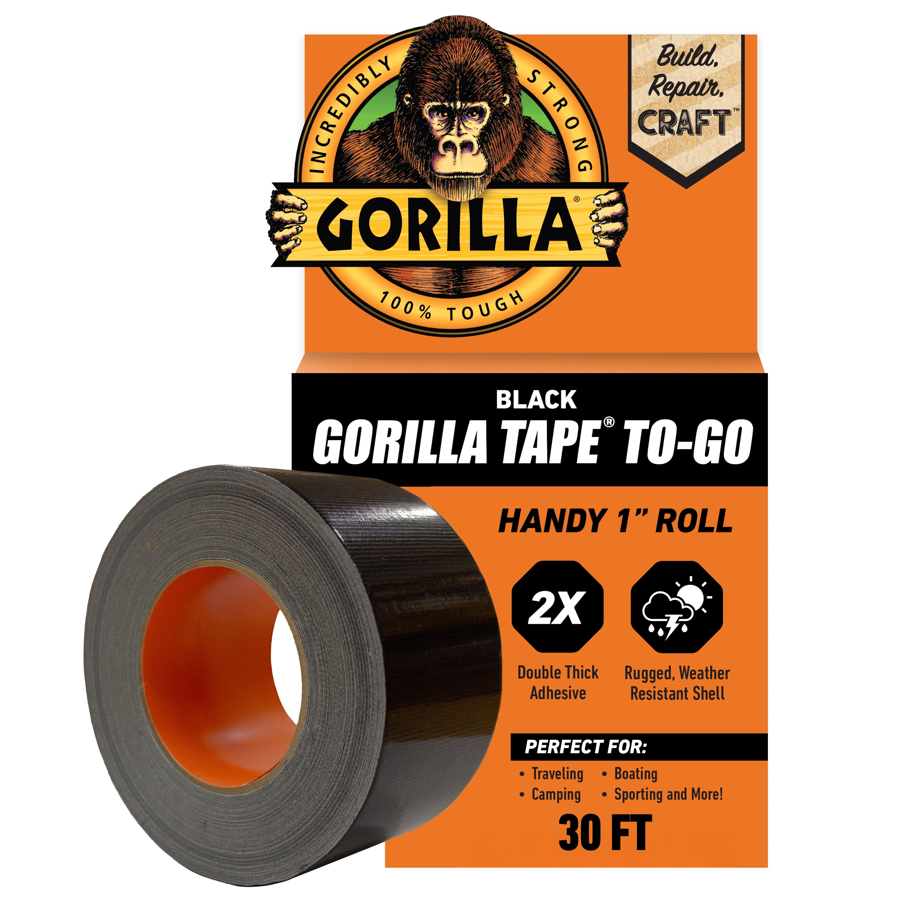 Gorilla Black Duct Tape to-Go, 1 in x 30 ft Single Roll
