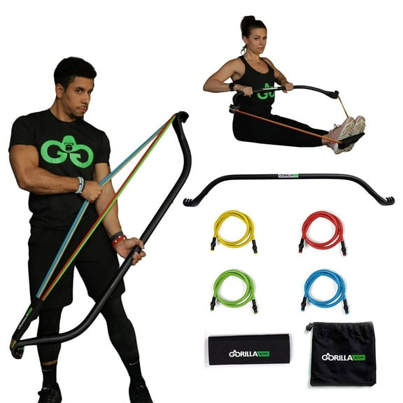 Gorilla Bow Original Portable Home Gym System, Strength Training Equipment 100 Plus Workouts, All in One Exercise Equipment for Travel, Home Gym & Outdoor Workouts (Original Bow, Black, Base Bundle)