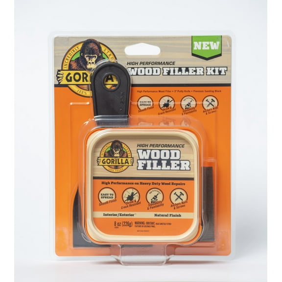 Gorilla All Purpose Wood Repair Kit, Includes 8 Ounce Tub of Wood Filler, 3" Putty Knife and Sanding Block - Water Resistant for Indoor or Outdoor Projects and Repairs