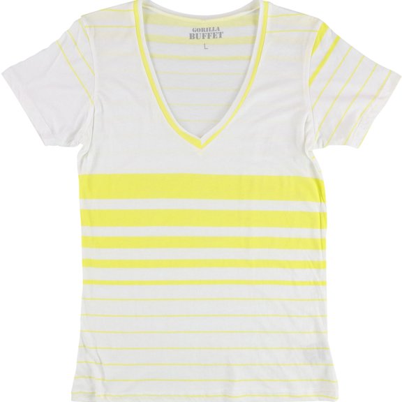 Gorilla Buffet Womens Yellow Stripes Basic T-Shirt, White, Large