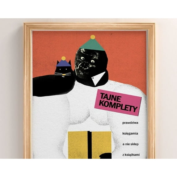 Gorilla And Cat Reading A Book, Poster For Bookstore Tajne Komplety, Original Polish Poster, Art, Plakat, Home, Decor 50X70 B2 Wall Art, Modern Wall Decor, 12x18 UNFRAMED