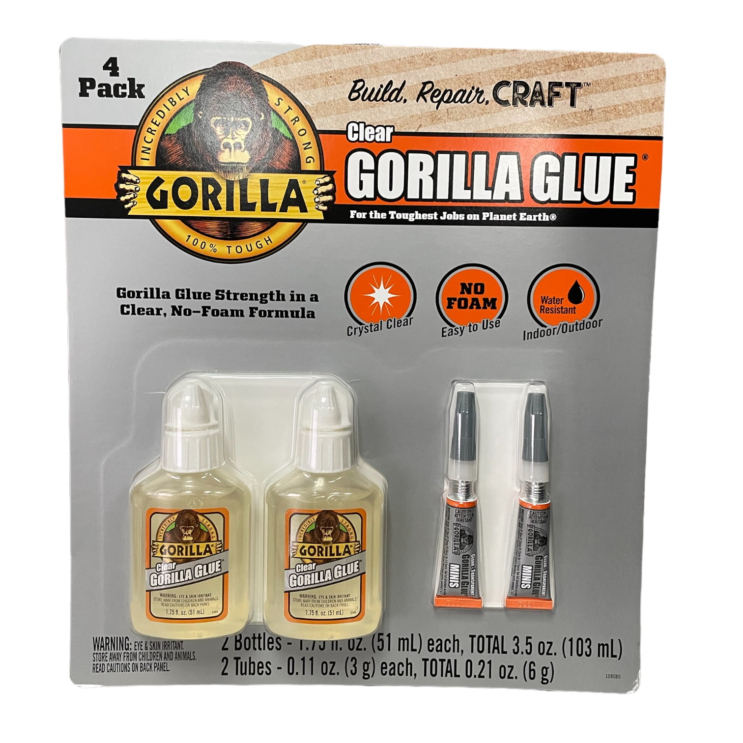 Gorilla Clear Gorilla Glue, 1.75 Oz, Dries Clear, 4/Carton