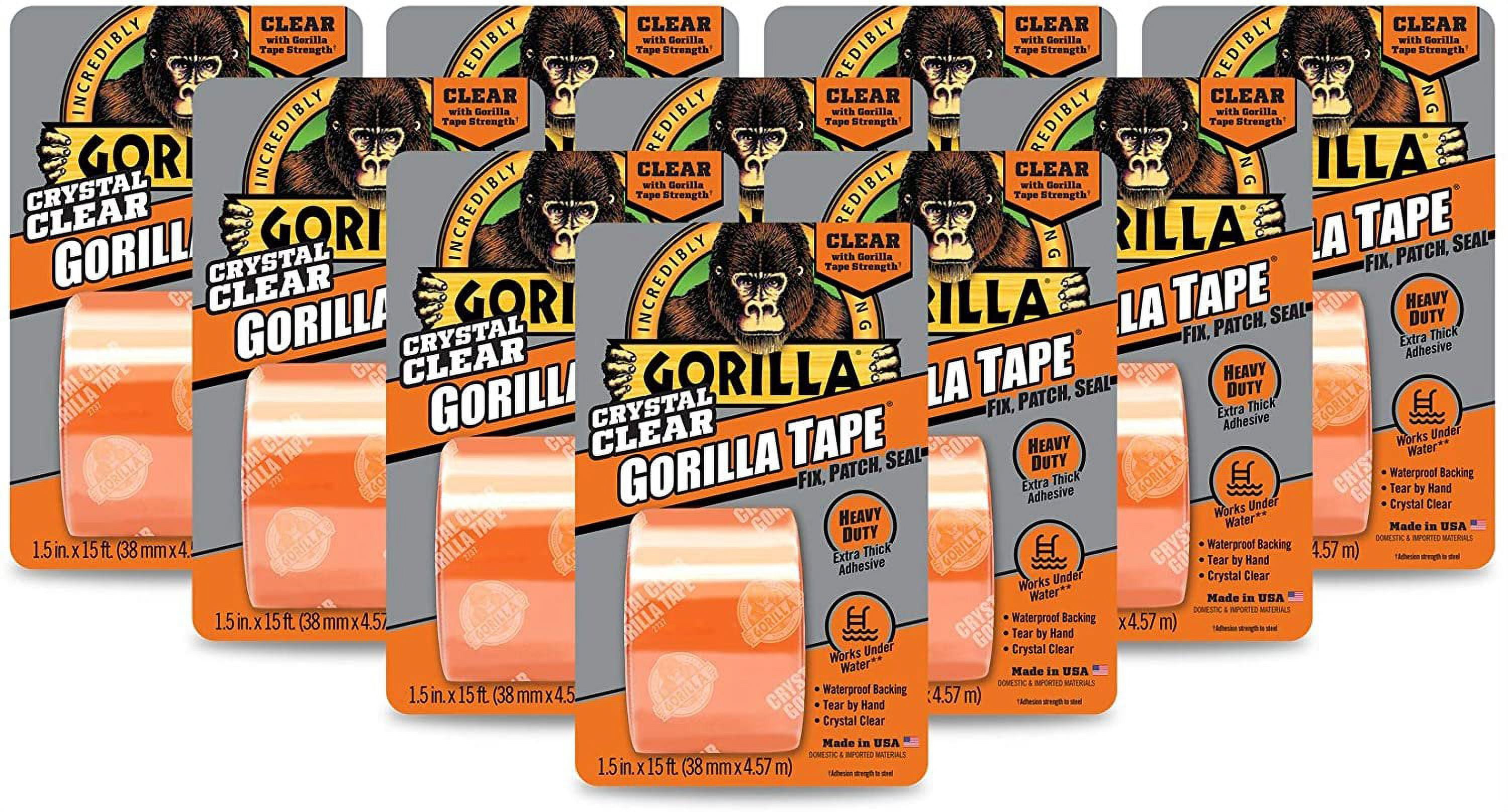 Gorilla Glue Gorilla Crystal Clear Duct Tape, 1.88" x 5 yd, Clear, Pack of 10 — Residential Use, Standard Application