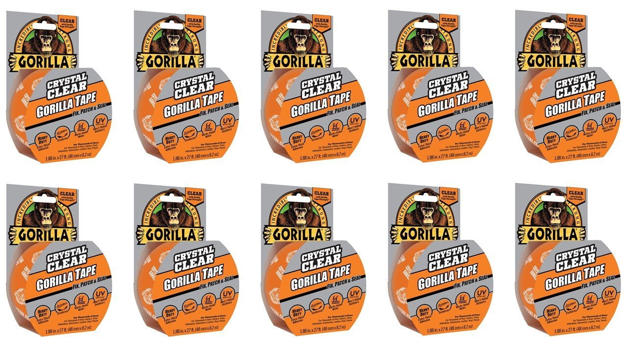 Gorilla Crystal Clear Duct Tape, 1.88" x 9 yd, Clear, Pack of 10